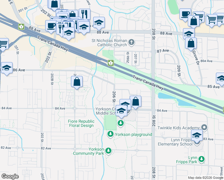 map of restaurants, bars, coffee shops, grocery stores, and more near in Langley Township