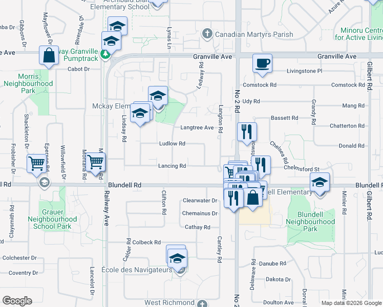 map of restaurants, bars, coffee shops, grocery stores, and more near 7600 Lancing Court in Richmond