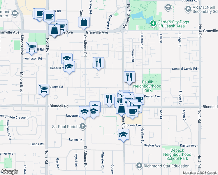 map of restaurants, bars, coffee shops, grocery stores, and more near 8775 Jones Road in Richmond
