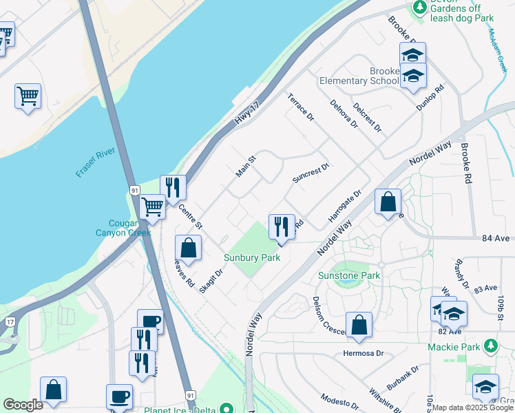 map of restaurants, bars, coffee shops, grocery stores, and more near 8453 Karr Place in Delta