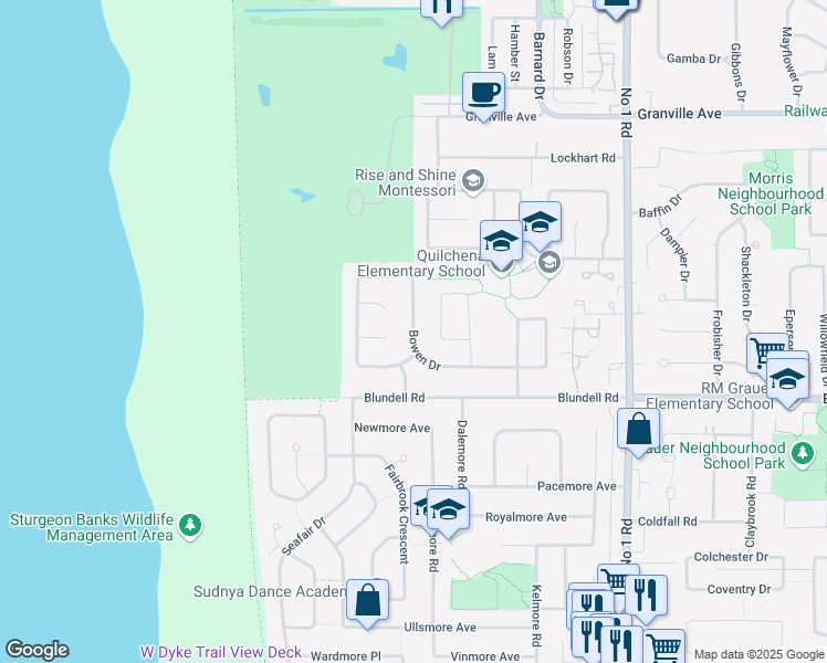 map of restaurants, bars, coffee shops, grocery stores, and more near Bowen Drive in Richmond