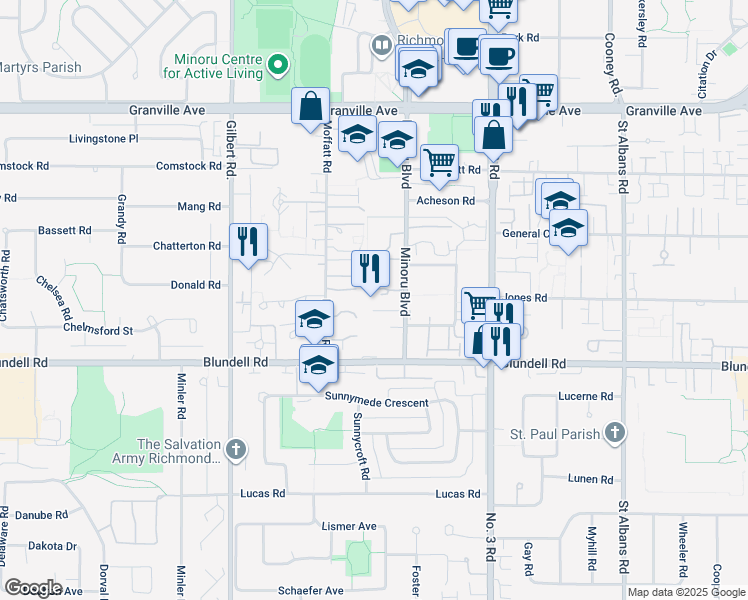 map of restaurants, bars, coffee shops, grocery stores, and more near 7651 Minoru Boulevard in Richmond