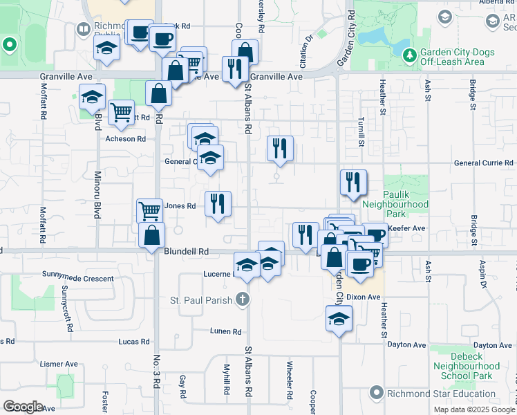 map of restaurants, bars, coffee shops, grocery stores, and more near Jones Road in Richmond