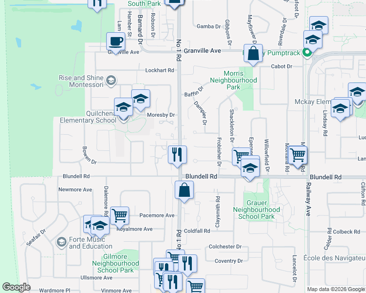 map of restaurants, bars, coffee shops, grocery stores, and more near 7580 Number 1 Road in Richmond