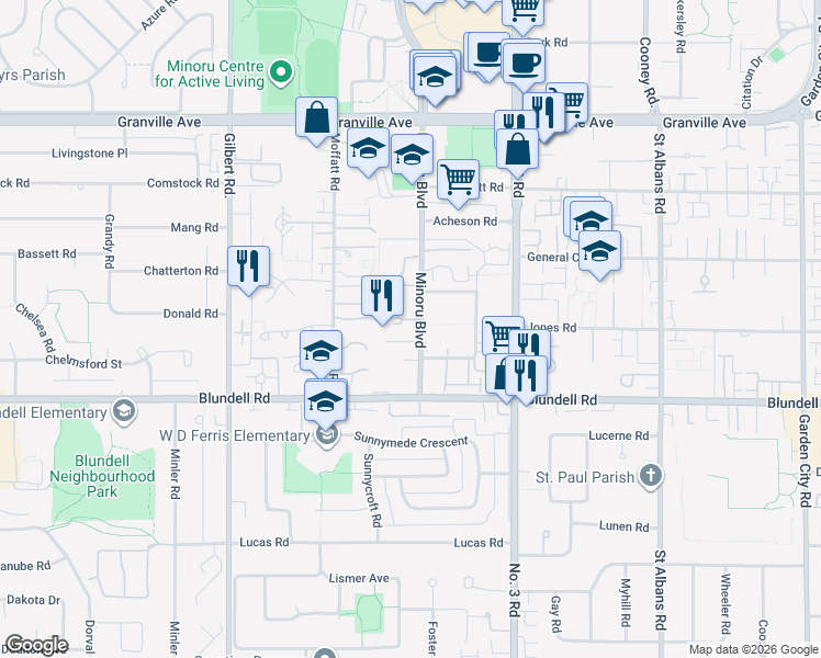 map of restaurants, bars, coffee shops, grocery stores, and more near 7671 Minoru Boulevard in Richmond