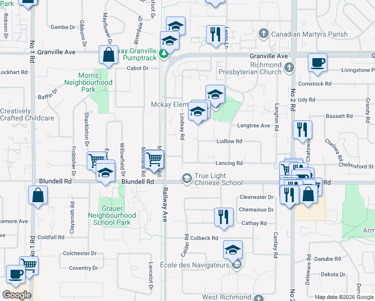 map of restaurants, bars, coffee shops, grocery stores, and more near 7580 Lindsay Road in Richmond
