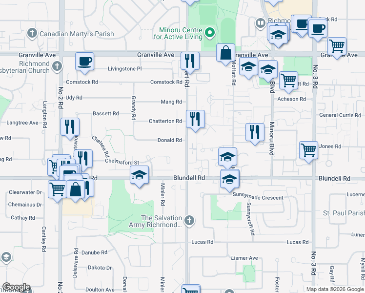 map of restaurants, bars, coffee shops, grocery stores, and more near 7531 Gilbert Road in Richmond