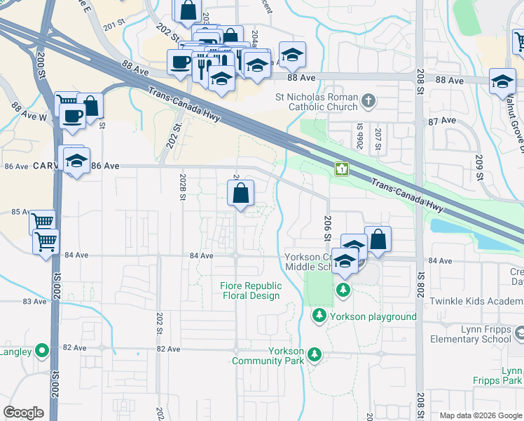 map of restaurants, bars, coffee shops, grocery stores, and more near 8508 204 Street in Langley Township