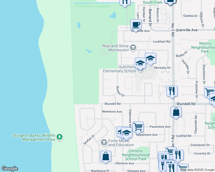 map of restaurants, bars, coffee shops, grocery stores, and more near 3071 Saltspring Court in Richmond