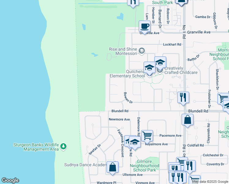 map of restaurants, bars, coffee shops, grocery stores, and more near 3071 Saltspring Court in Richmond