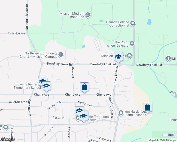 map of restaurants, bars, coffee shops, grocery stores, and more near 33661 Bowie Drive in Mission