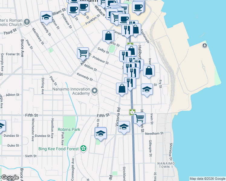 map of restaurants, bars, coffee shops, grocery stores, and more near 639 Kennedy Street in Nanaimo