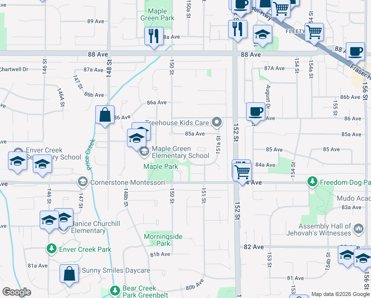 map of restaurants, bars, coffee shops, grocery stores, and more near 15049 Spenser Drive in Surrey