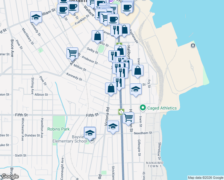 map of restaurants, bars, coffee shops, grocery stores, and more near 650 Sophia Lane in Nanaimo