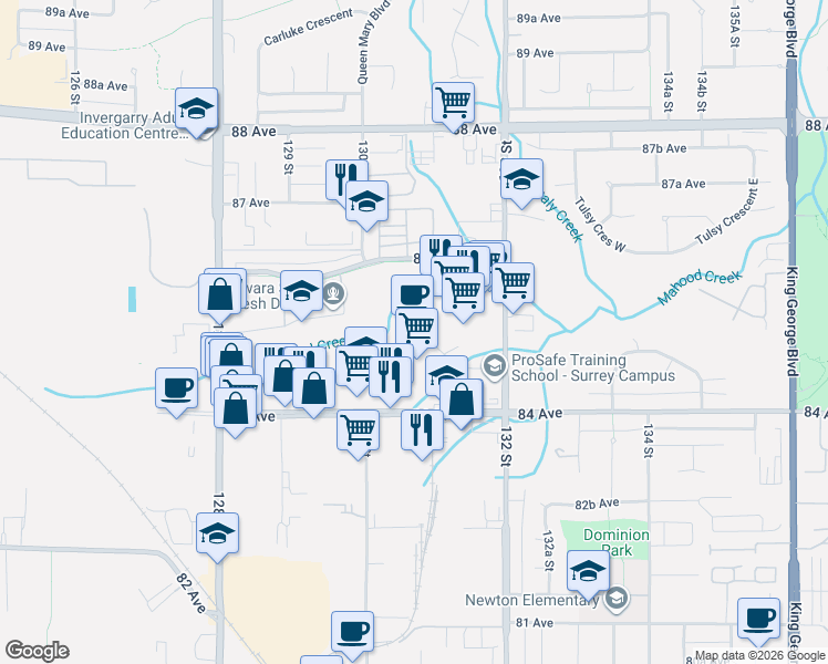 map of restaurants, bars, coffee shops, grocery stores, and more near 13045 84 Avenue in Surrey