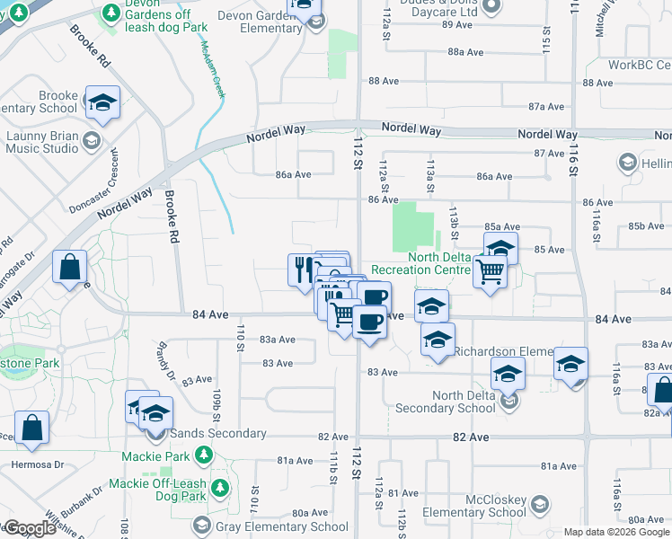 map of restaurants, bars, coffee shops, grocery stores, and more near 11148 84B Avenue in Delta