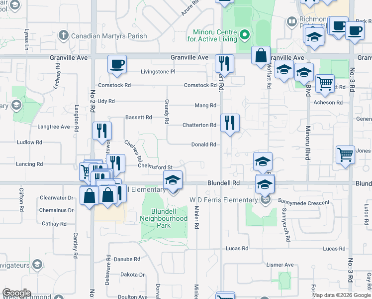 map of restaurants, bars, coffee shops, grocery stores, and more near 6571 Donald Road in Richmond