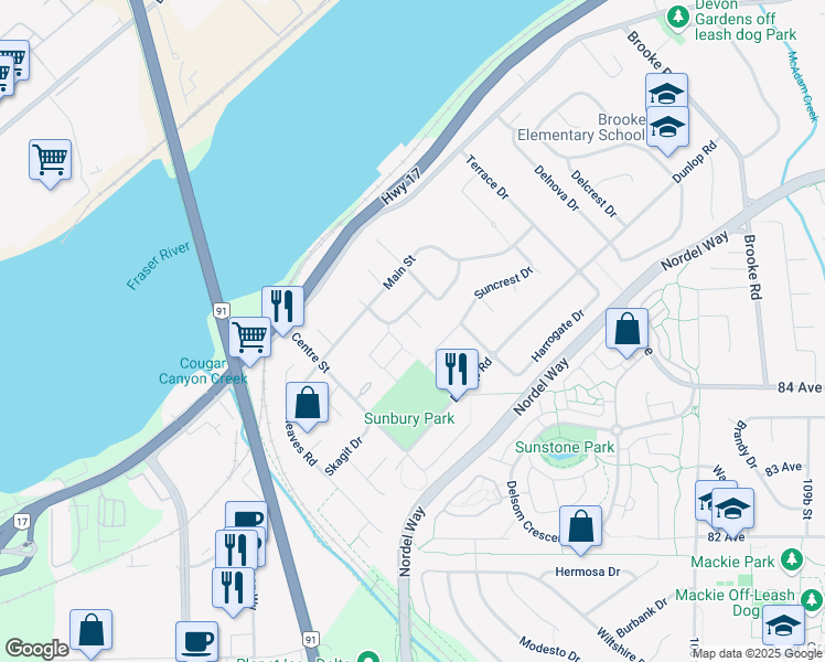 map of restaurants, bars, coffee shops, grocery stores, and more near 8463 Karr Place in Delta