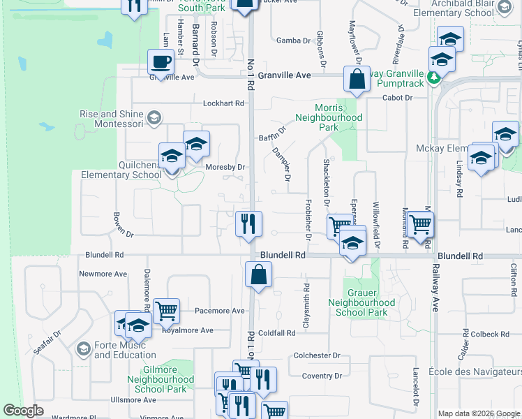 map of restaurants, bars, coffee shops, grocery stores, and more near 7580 Number 1 Road in Richmond