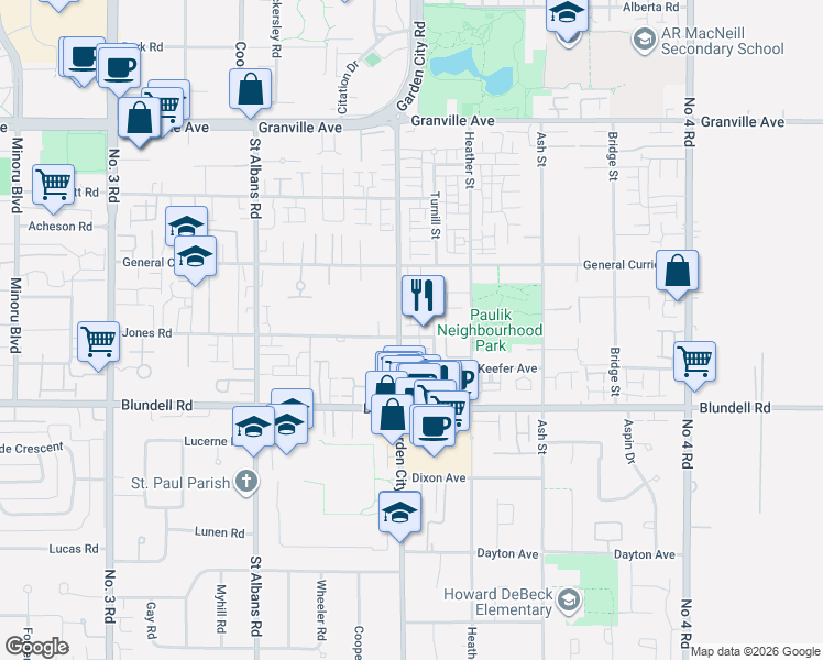 map of restaurants, bars, coffee shops, grocery stores, and more near 9079 Jones Road in Richmond