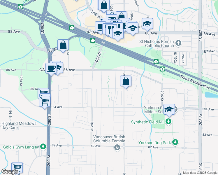 map of restaurants, bars, coffee shops, grocery stores, and more near in Langley Township