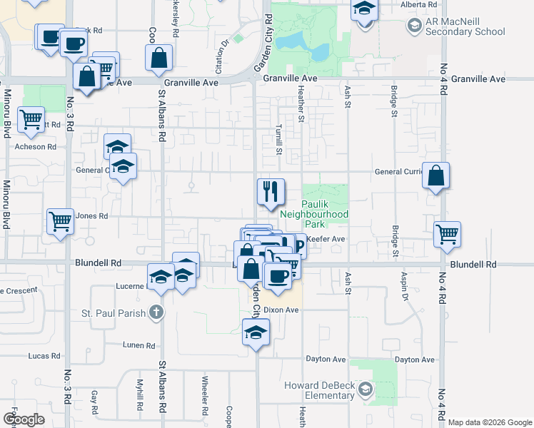 map of restaurants, bars, coffee shops, grocery stores, and more near 9079 Jones Road in Richmond