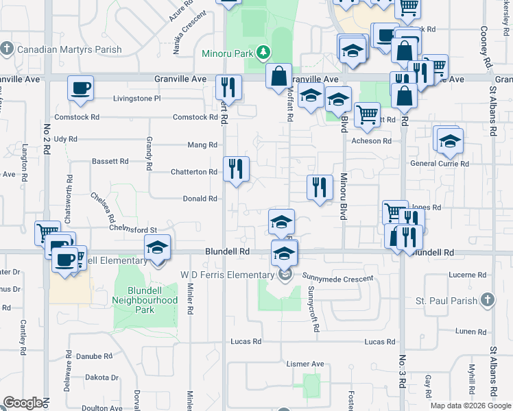 map of restaurants, bars, coffee shops, grocery stores, and more near 7591 Moffatt Road in Richmond