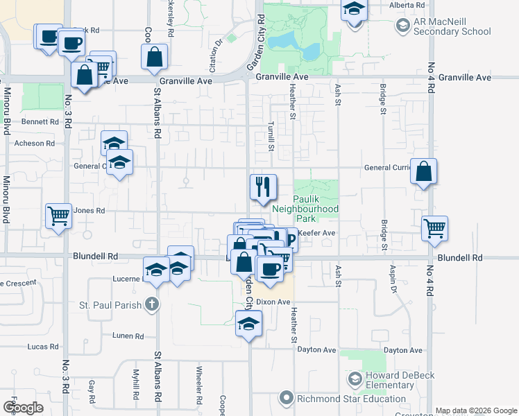 map of restaurants, bars, coffee shops, grocery stores, and more near in Richmond