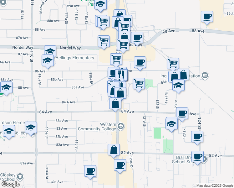 map of restaurants, bars, coffee shops, grocery stores, and more near 8507 120 St in Greater Vancouver Regional District