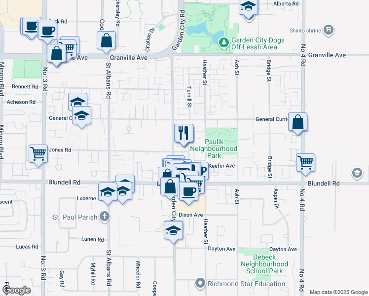 map of restaurants, bars, coffee shops, grocery stores, and more near 9079 Jones Road in Richmond