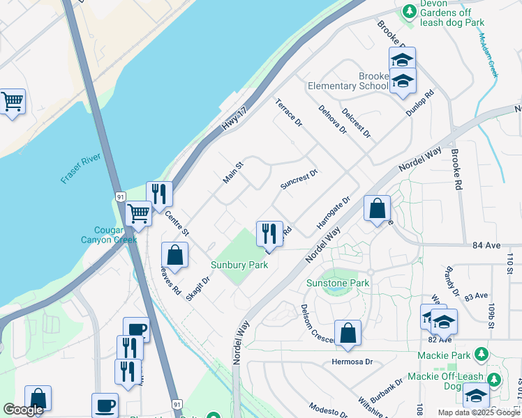 map of restaurants, bars, coffee shops, grocery stores, and more near 8559 Arpe Crescent in Delta