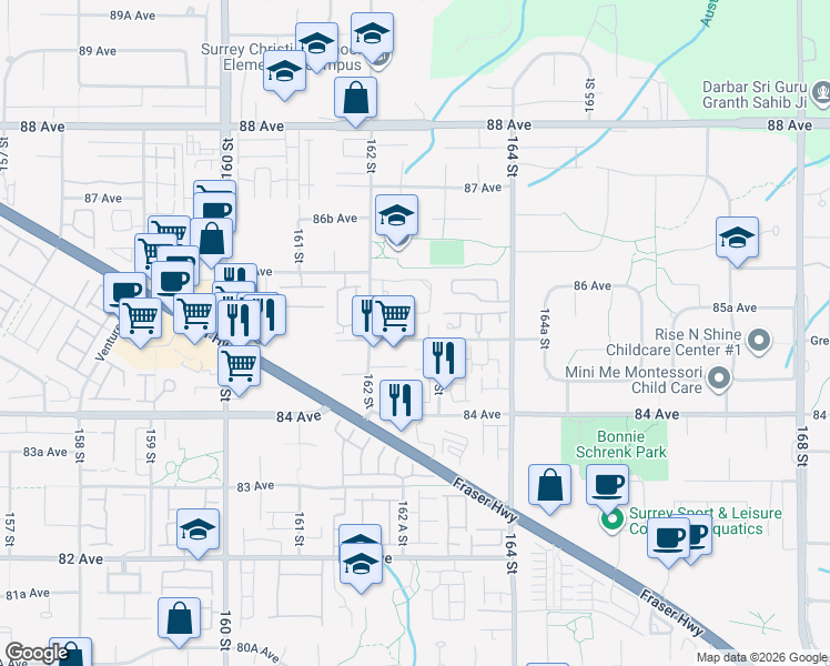 map of restaurants, bars, coffee shops, grocery stores, and more near 16275 85 Avenue in Surrey