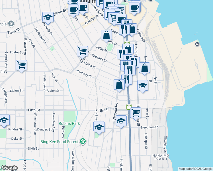 map of restaurants, bars, coffee shops, grocery stores, and more near 627 Kennedy Street in Nanaimo