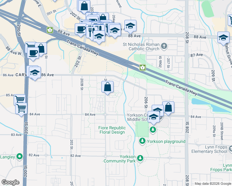 map of restaurants, bars, coffee shops, grocery stores, and more near 8508 204 Street in Langley Township