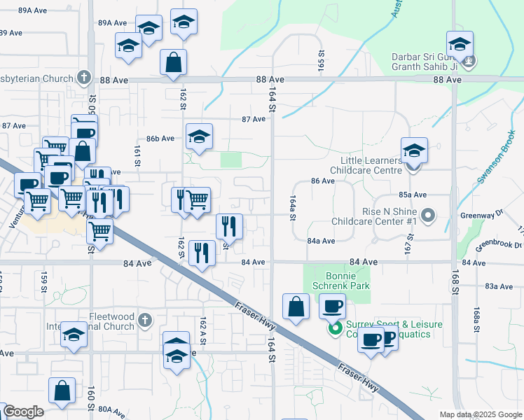 map of restaurants, bars, coffee shops, grocery stores, and more near 16363 85 Avenue in Surrey
