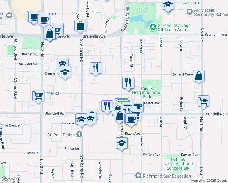 map of restaurants, bars, coffee shops, grocery stores, and more near 8775 Jones Road in Richmond