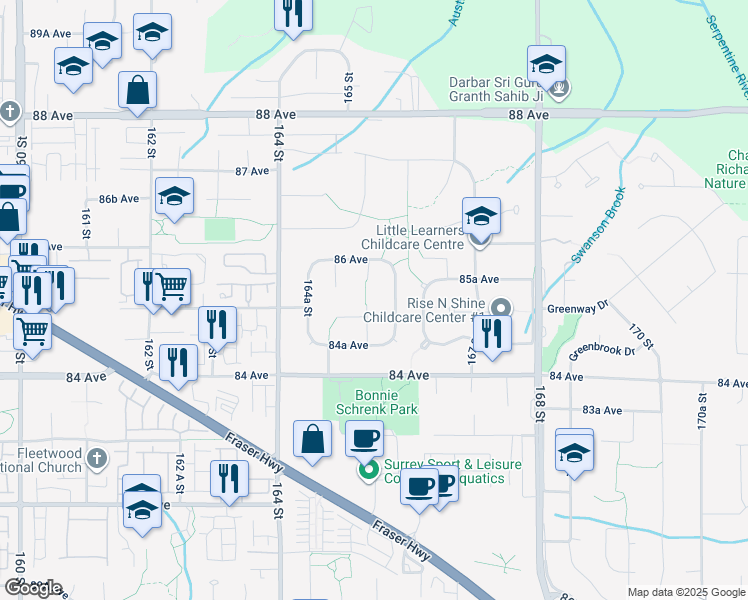 map of restaurants, bars, coffee shops, grocery stores, and more near 8518 165A Street in Surrey