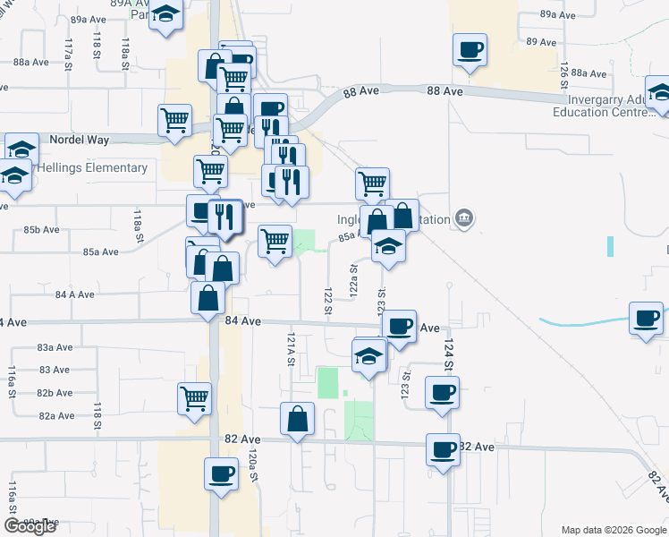 map of restaurants, bars, coffee shops, grocery stores, and more near 8498 122 Street in Surrey