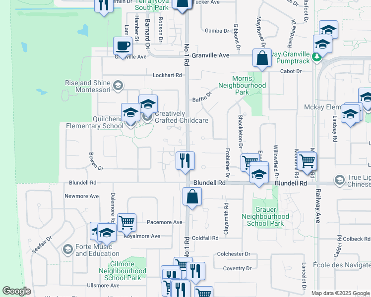 map of restaurants, bars, coffee shops, grocery stores, and more near 7531 Number 1 Road in Richmond