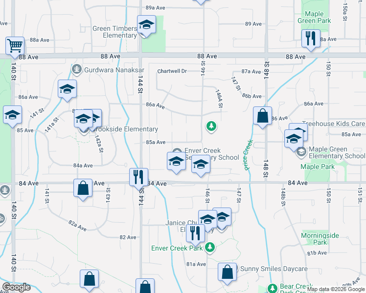 map of restaurants, bars, coffee shops, grocery stores, and more near 14518 85A Avenue in Surrey