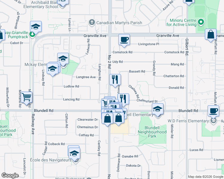 map of restaurants, bars, coffee shops, grocery stores, and more near 7491 Number 2 Road in Richmond