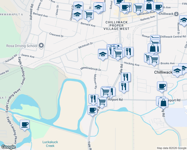 map of restaurants, bars, coffee shops, grocery stores, and more near 8466 Midtown Way in Chilliwack