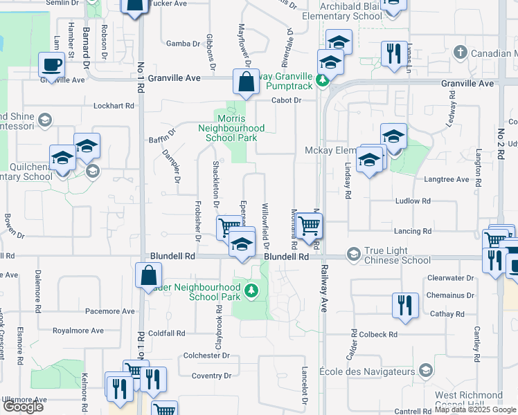 map of restaurants, bars, coffee shops, grocery stores, and more near 7771 Willowfield Drive in Richmond