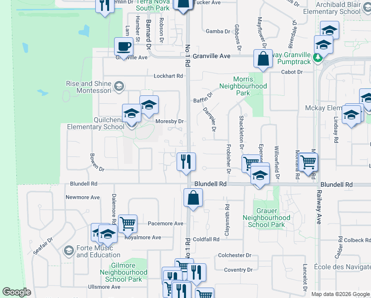 map of restaurants, bars, coffee shops, grocery stores, and more near 7531 Number 1 Road in Richmond