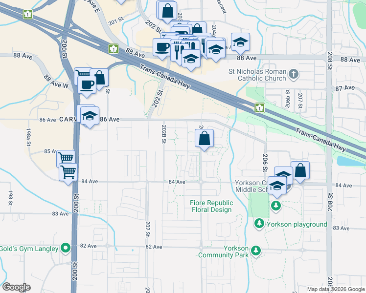 map of restaurants, bars, coffee shops, grocery stores, and more near 20325 85 Avenue in Langley Township