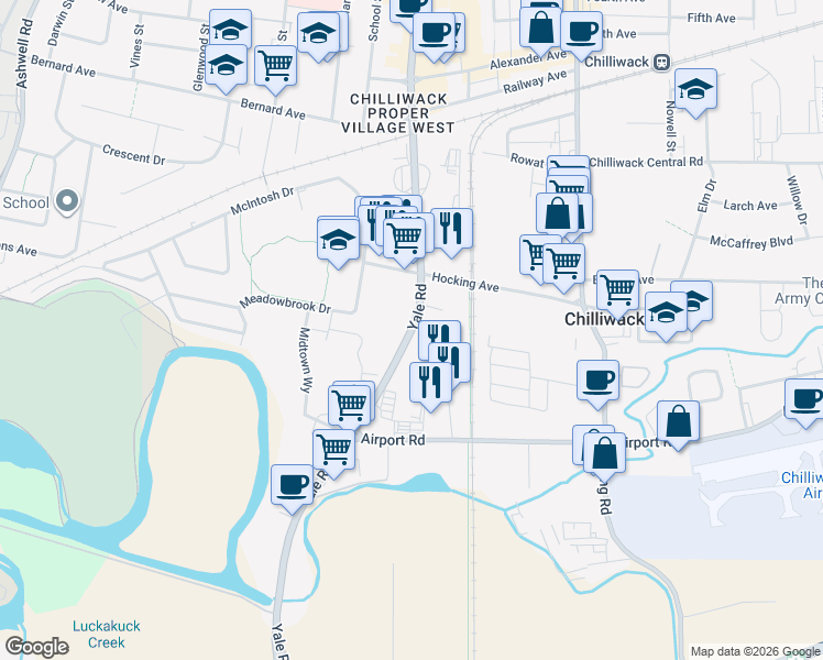 map of restaurants, bars, coffee shops, grocery stores, and more near 45667 Yale Road West in Chilliwack