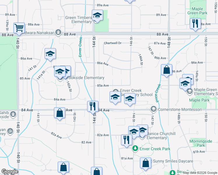map of restaurants, bars, coffee shops, grocery stores, and more near 14478 85A Avenue in Surrey