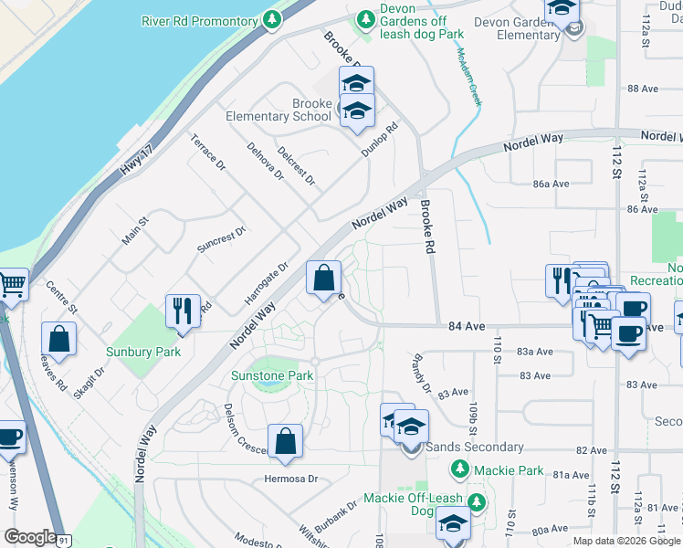 map of restaurants, bars, coffee shops, grocery stores, and more near 10735 84 Avenue in Delta