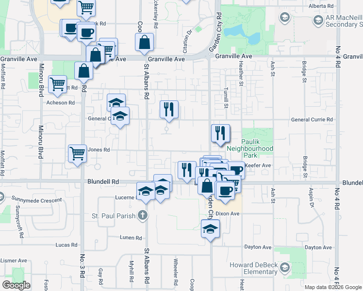 map of restaurants, bars, coffee shops, grocery stores, and more near in Richmond