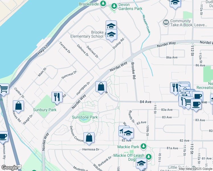map of restaurants, bars, coffee shops, grocery stores, and more near 10735 84 Avenue in Delta
